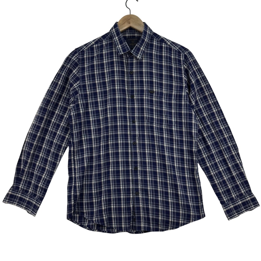 Peter England Slim Fit Plaid Shirt Mens Large Blue White Casual‎ 100% Cotton